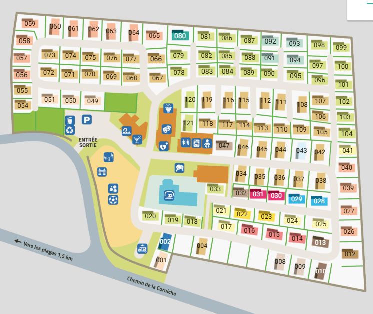 Plan interactif d’un camping affichant les emplacements numérotés, les zones disponibles et les infrastructures, illustrant la réservation d’emplacement en ligne avec visualisation du stock en temps réel.