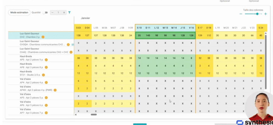 Grille de propositions Resalys affichant le planning de réservation et la visualisation du stock en temps réel par type d’hébergement.