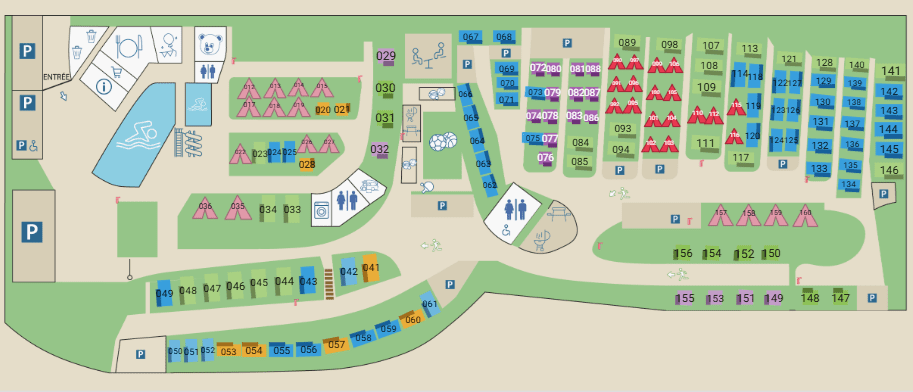 Carte détaillée d’un camping avec emplacements numérotés, mobil-homes, tentes et infrastructures, illustrant la réservation d’emplacement sur plan interactif avec visualisation des disponibilités.