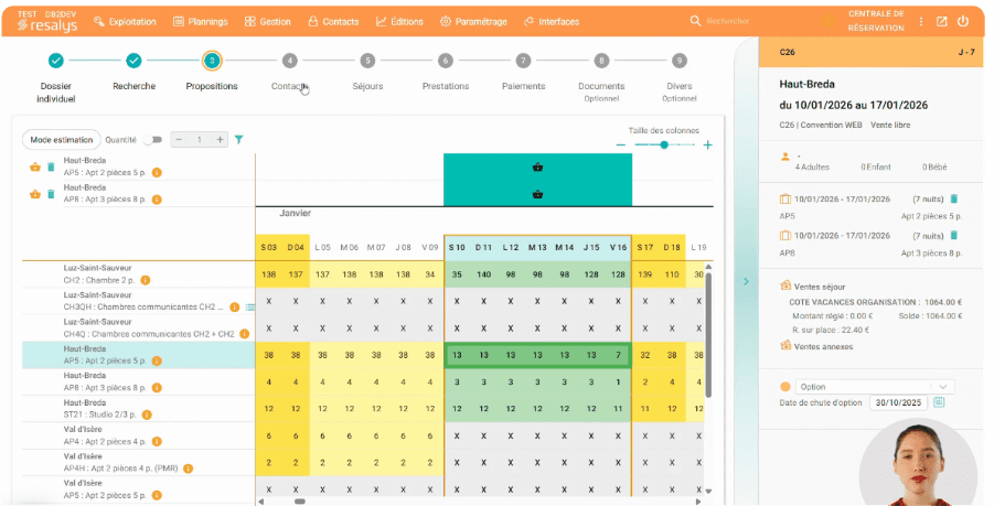 Sélection d’un séjour depuis le planning de réservation avec visualisation du stock dans Resalys.